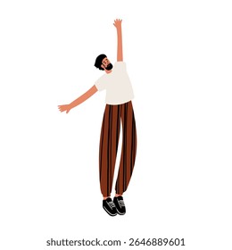 Illustration of a man jumping with arms raised. He wears a white t-shirt, brown striped pants, and sneakers. His pose suggests excitement. Flat vector illustration.
