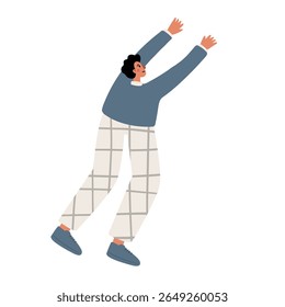Ilustração de um homem pulando de braços levantados. Ele usa um suéter azul, calças quadriculadas brancas e tênis azuis. Sua pose sugere excitação. Ilustração de vetor plano.
