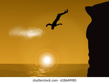 illustration man jumping from cliff on sunset background