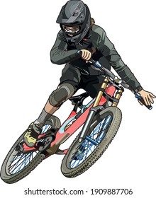 illustration of a man jumping and doing an extreme trick in his downhill red bicycle using a gray helmet, jersey, shorts and shoes