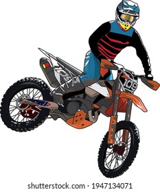 Illustration Of A Man Jumping And Doing An Extreme Trick In His Orange Motocross Motorcycle Using A Blue Helmet, Red And Black Jersey, Shorts And Shoes