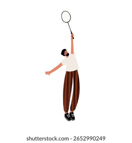 Ilustração de um homem pulando para bater em uma nave auxiliar. Ele usa uma camiseta branca, calças listradas marrons e tênis. Ele segura uma raquete de badminton. Ilustração de vetor plano.