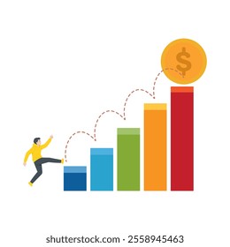 Illustration of a man jumping hurdles towards money. The concept of striving, financial demand and achieving financial wealth.