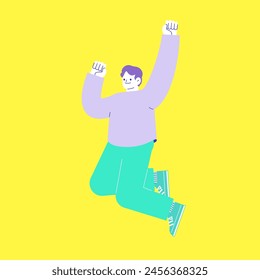 Illustration of a man jumping with joy Flat RGB vector material isolated on white background