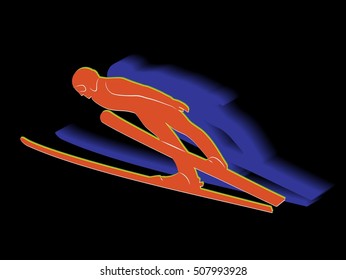 illustration of a man jumping on skis . color drawing, black background