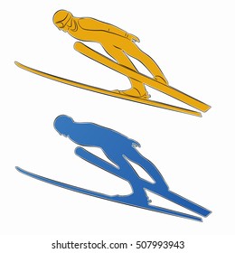 illustration of a man jumping on skis . black and color drawing, white background