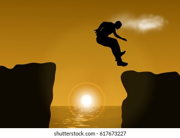 illustration man jumping over cliff on sunset background
