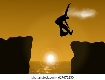 illustration man jumping over cliff on sunset background