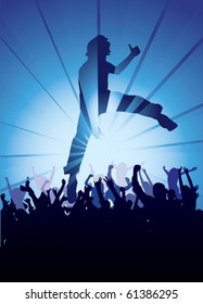 illustration of a man jumping over people at a concert