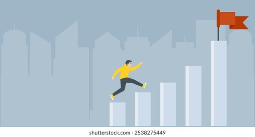 Illustration of a man jumping towards a goal. The concept of success and achieving goals in life.