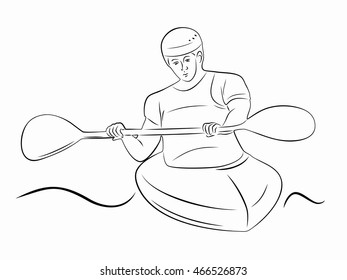 illustration of man in kayak, slalom . black and white sketch, white background 