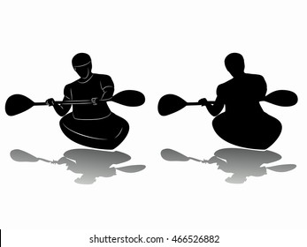 illustration of man in kayak, slalom . black and white sketch, white background 