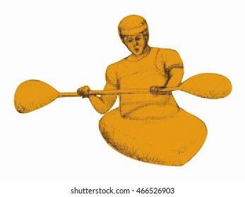 illustration of man in kayak, slalom . black and white sketch, white background 