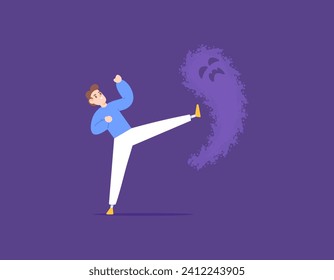 Illustration of a man is kicking fear. fight fear, worry, and anxiety. got up and continued to resist. Fight to be brave. problems and mental health. flat illustration concept design. vector elements