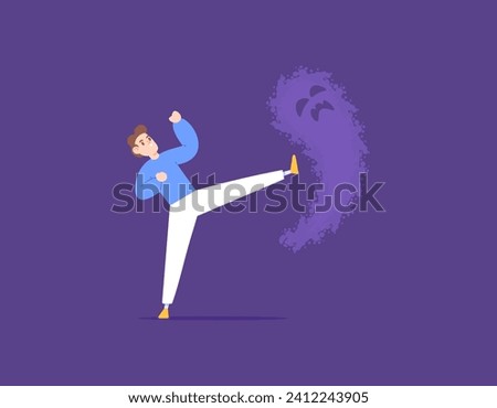 Illustration of a man is kicking fear. fight fear, worry, and anxiety. got up and continued to resist. Fight to be brave. problems and mental health. flat illustration concept design. vector elements