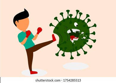 the illustration of a man kicks a corona virus. a man fighting corona virus Eps 10 Vector. fight covid-19 vector