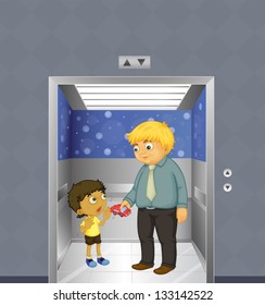 Illustration of a man and a kid inside the elevator