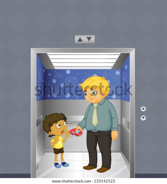 Illustration of a\
man and a kid inside the\
elevator