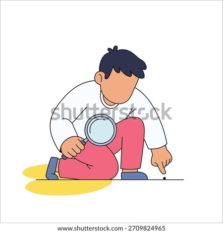 Illustration of a man kneeling and closely examining a tiny speck with a magnifying glass, symbolizing obsessive-compulsive focus on small details.