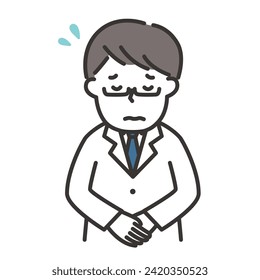 Ilustración de un hombre con una bata de laboratorio disculpándose con una cara problemática