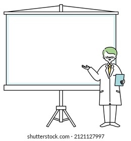 Ilustración de un hombre con una bata de laboratorio explicando frente a una pantalla.