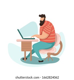 Illustration of a man with a laptop, remote work, marketing, office, millennials, creative, passive income. flat.