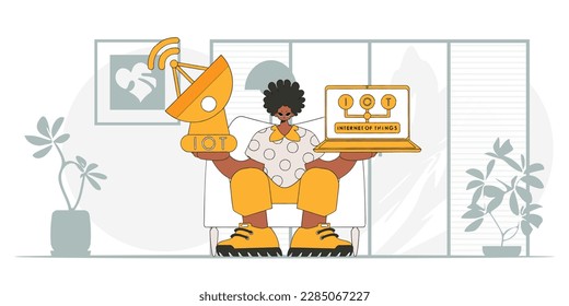 An illustration of a man with laptop and satellite dish, created in a modern vector style, for internet of things.