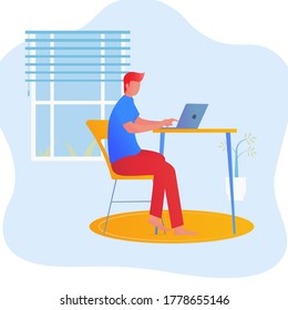 Illustration man with laptop. Sit down and holding laptop
