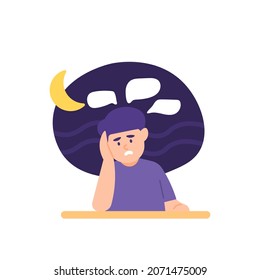 illustration of a man leaning his head on his hands because he is confused. expression of someone thinking about something. imagining and overthinking at night. flat cartoon style. vector design