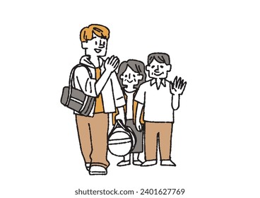 Illustration of a man leaving his parents' house People bidding farewell