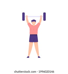 illustration of a man lifting a barbell. lifting weights, exercising. bodybuilders, athletes lift weights, activities in the gym or fitness. Sports. flat cartoon style. vector element design