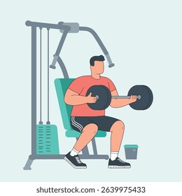 Illustration of a man lifting weights on a seated weight machine in a gym setting, showcasing strength training and fitness.
