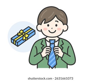 Ilustração de um homem (cor de desenho de linha) que recebeu uma gravata como presente no Dia dos Pais.