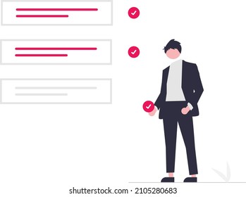 illustration of a man and a list of several completed projects. Vector illustration