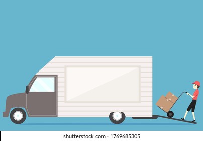 Illustration of a Man Loading Boxes Using Dolly Into Delivery Truck