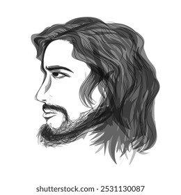 illustration of a man with long hair and beard on a white background