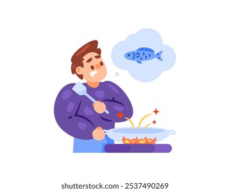 Ilustración de un hombre que mira con miedo de ser salpicado con aceite mientras se fríe el pescado. miedo mientras se fríe o cocina. chef novato. persona de la actividad. diseño de carácter de estilo plano. elemento