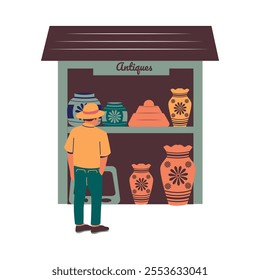 Illustration of a Man looking at Antiques