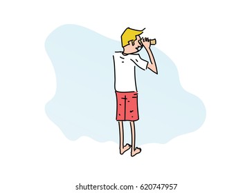 Illustration of a man looking at binoculars. Vector art