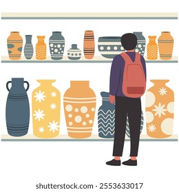 Illustration of a Man looking at Ceramic Crafts