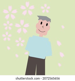 Ilustración de un hombre mirando las flores del cerezo en el parque