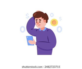 illustration of a man looking confused because he has run out of money. businessman with financial problems. account balance 0. economic problems and financial crisis. flat style character design