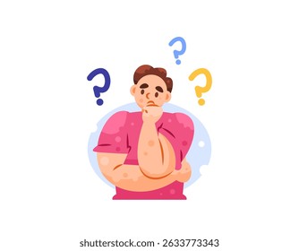 illustration of a man looking confused and wondering. confused person. boy with question mark symbol. thinking and finding solution. gesture and expression. flat style character design. elements