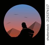 Illustration of a man looking at the Egyptian pyramids in the afternoon
