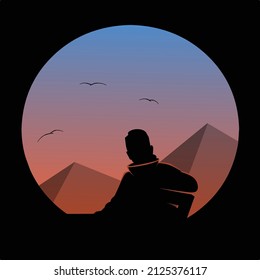 Illustration of a man looking at the Egyptian pyramids in the afternoon