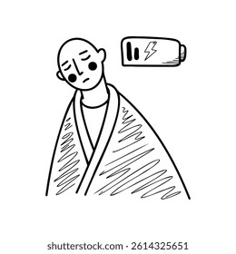 Illustration of a man looking exhausted depicted by a dead battery