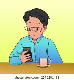 illustration of a man looking at his cell phone while drinking a cup of coffee