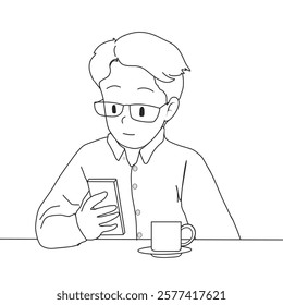 illustration of a man looking at his cell phone while drinking a cup of coffee