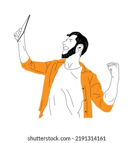 illustration of man looking at his tablet and shouting happy