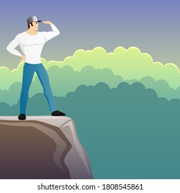 Illustration with a man looking into the distance from the top of the mountain.